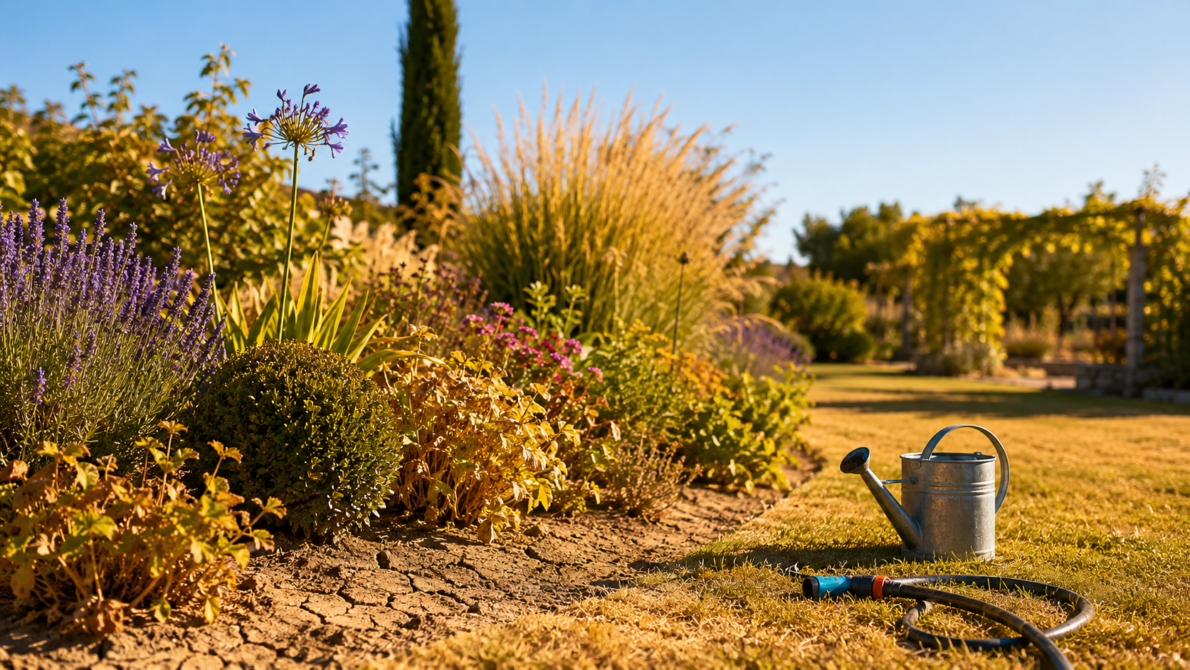 Jardin d'agrément sous un soleil de canicule, avec massifs fleuris au feuillage flétri, pelouse jaunissante et arrosoir à proximité — gestes d'arrosage en période de forte chaleur.