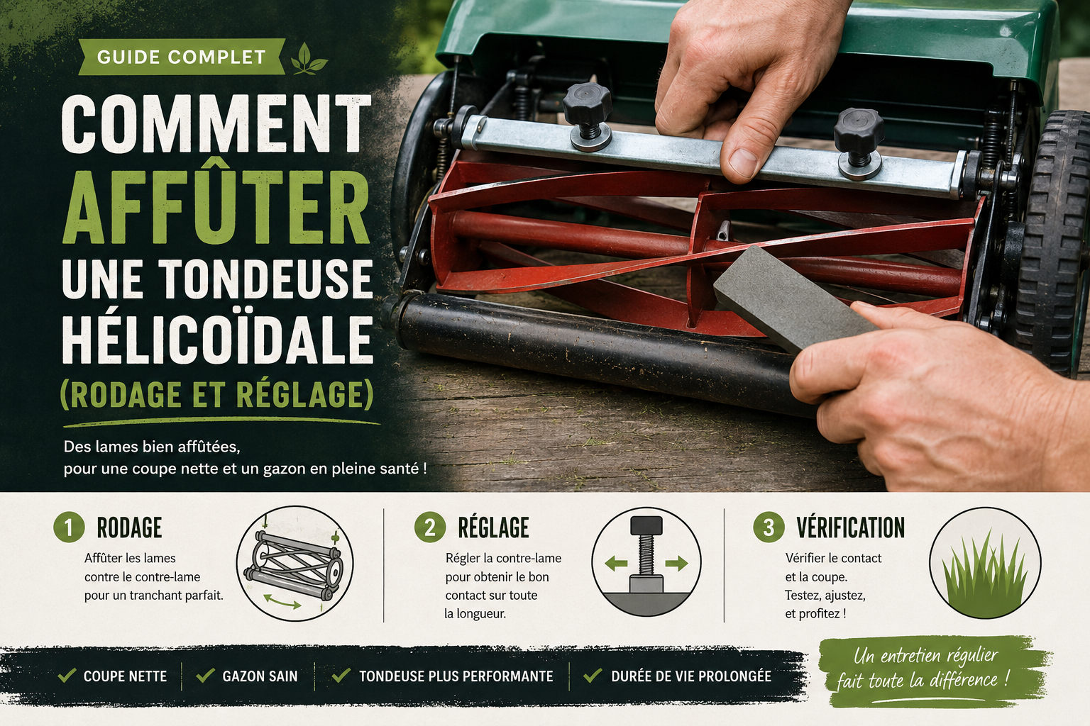 Comment affûter une tondeuse hélicoïdale (rodage et réglage)
