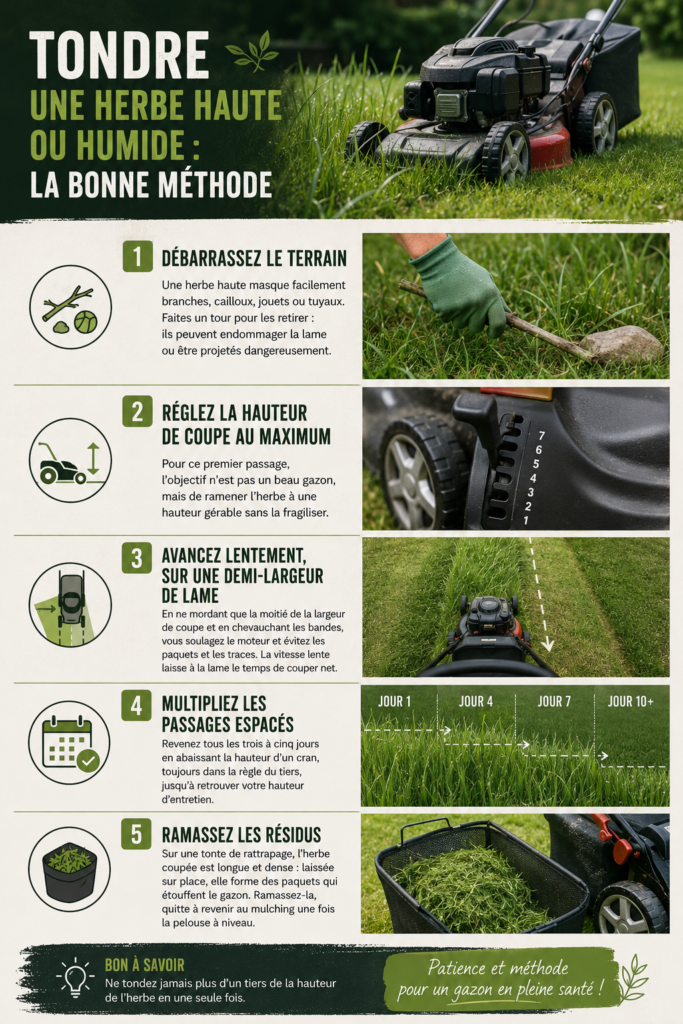 Tondre une herbe haute ou humide : étape par étape
